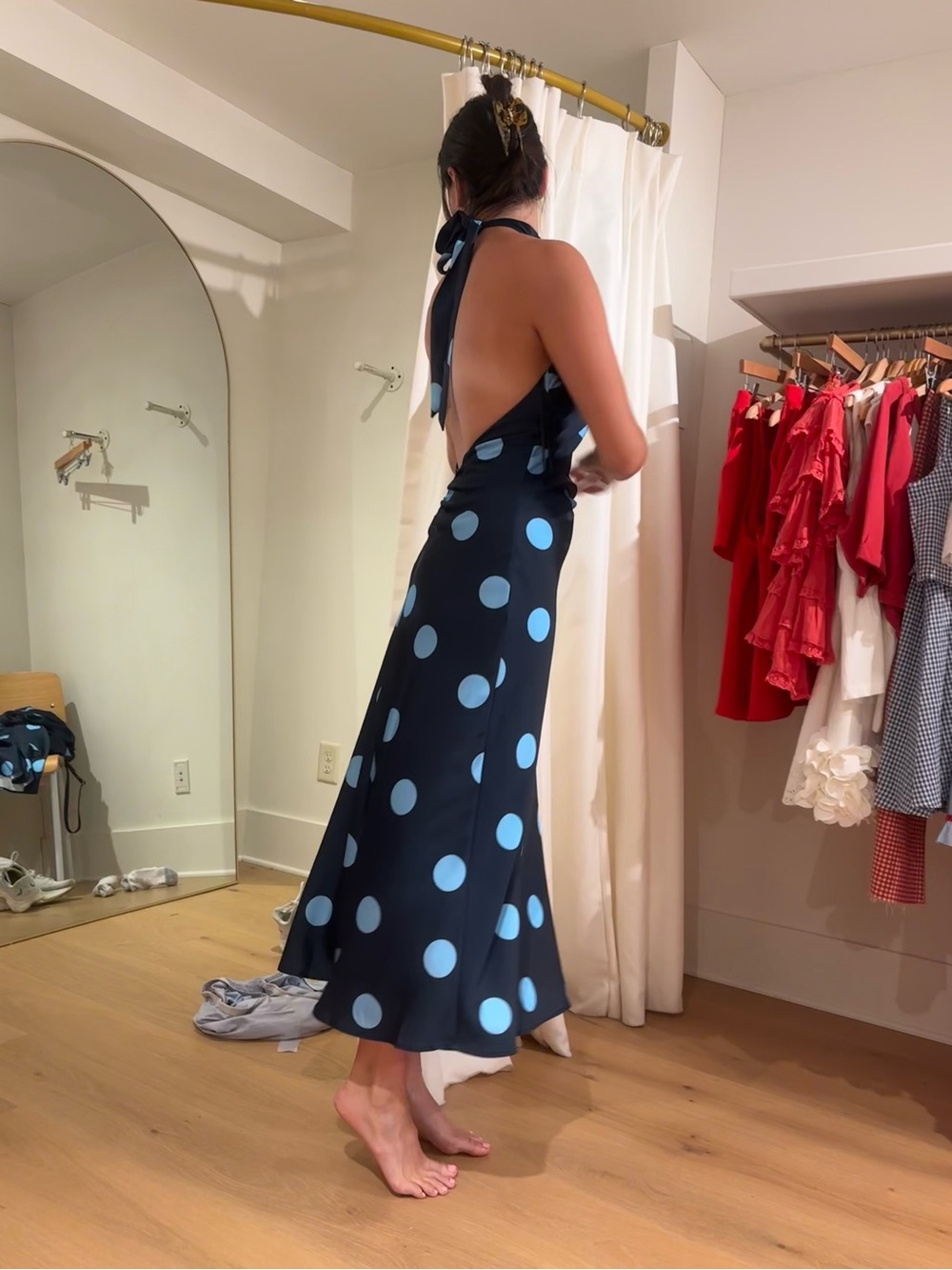 D.Ark Navy Halter Polka Dot Dress Midi